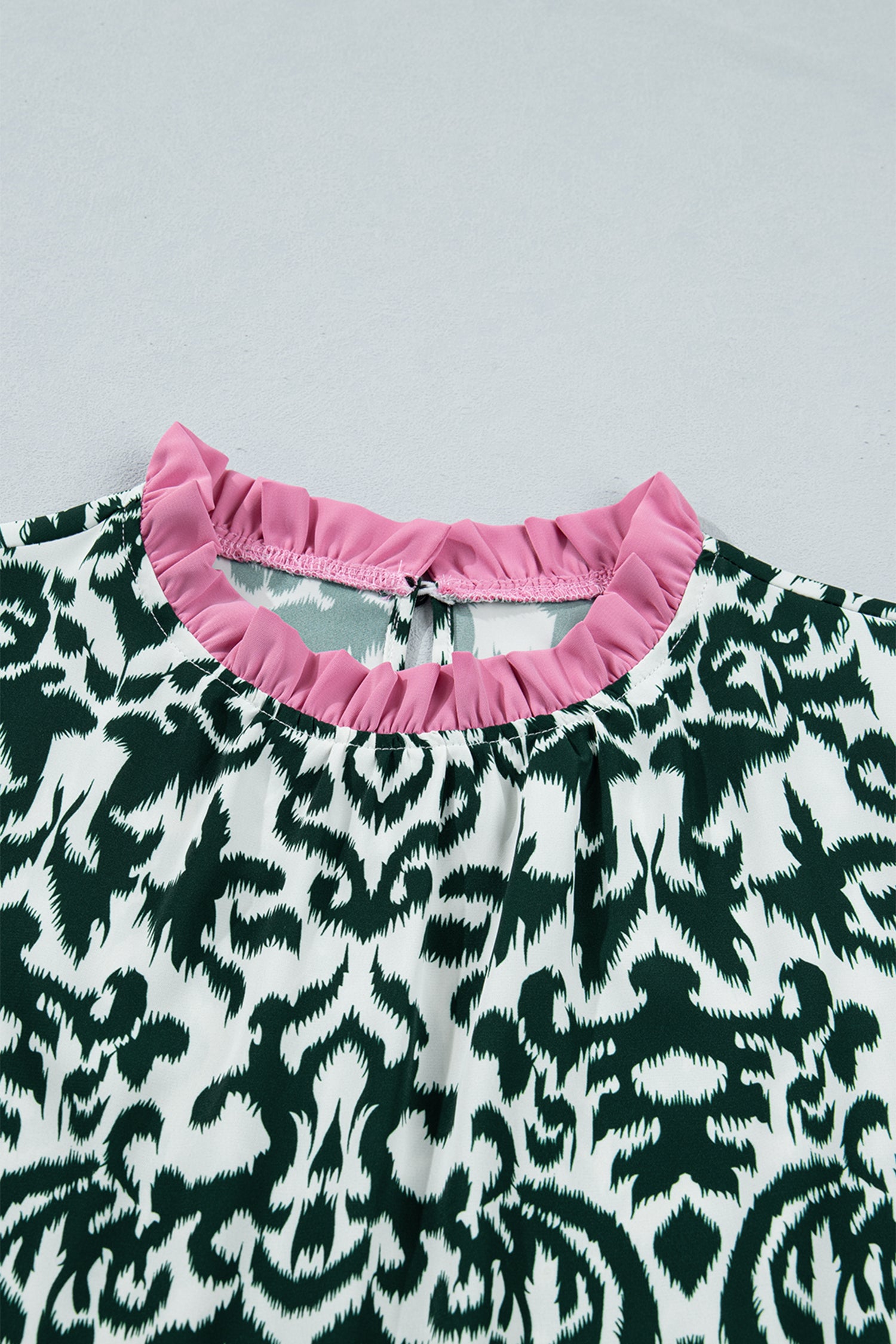 Damask Print Ruffled Colour Block Detail Half Sleeve Blouse