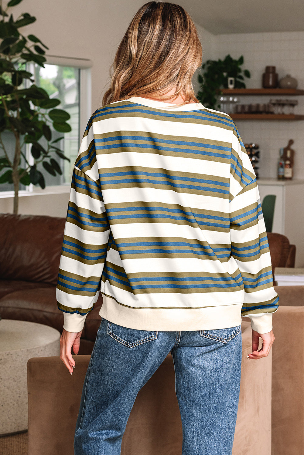 Striped Crew Neck Drop Shoulder Pullover Sweatshirt