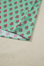 Green Plus Size Floral Print Contrast Trim V Neck Bracelet Sleeve Blouse