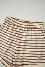 Brown Stripe Half Buttons Top and Shorts Set