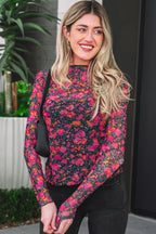 Slim Fit Floral Mesh Long Sleeve Mock Neck Top