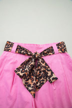 Leopard Contrast Sash Belt Pleated Wide Leg Shorts
