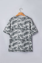 Green Retro Camouflage Print Raw Edge V Neck Tee