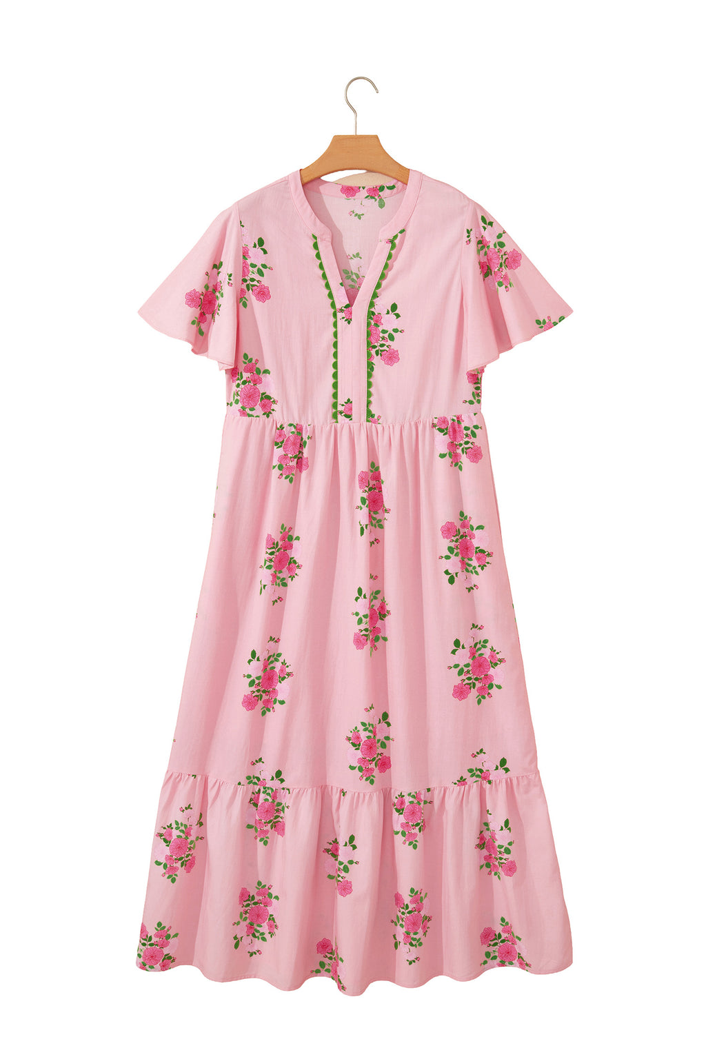 Notched Neck Flutter Short Sleeve Floral Print Maxi Dress
