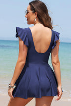 Navy Blue Ruffled Short Sleeve Lace Trim V Neck One Piece Swim Dress