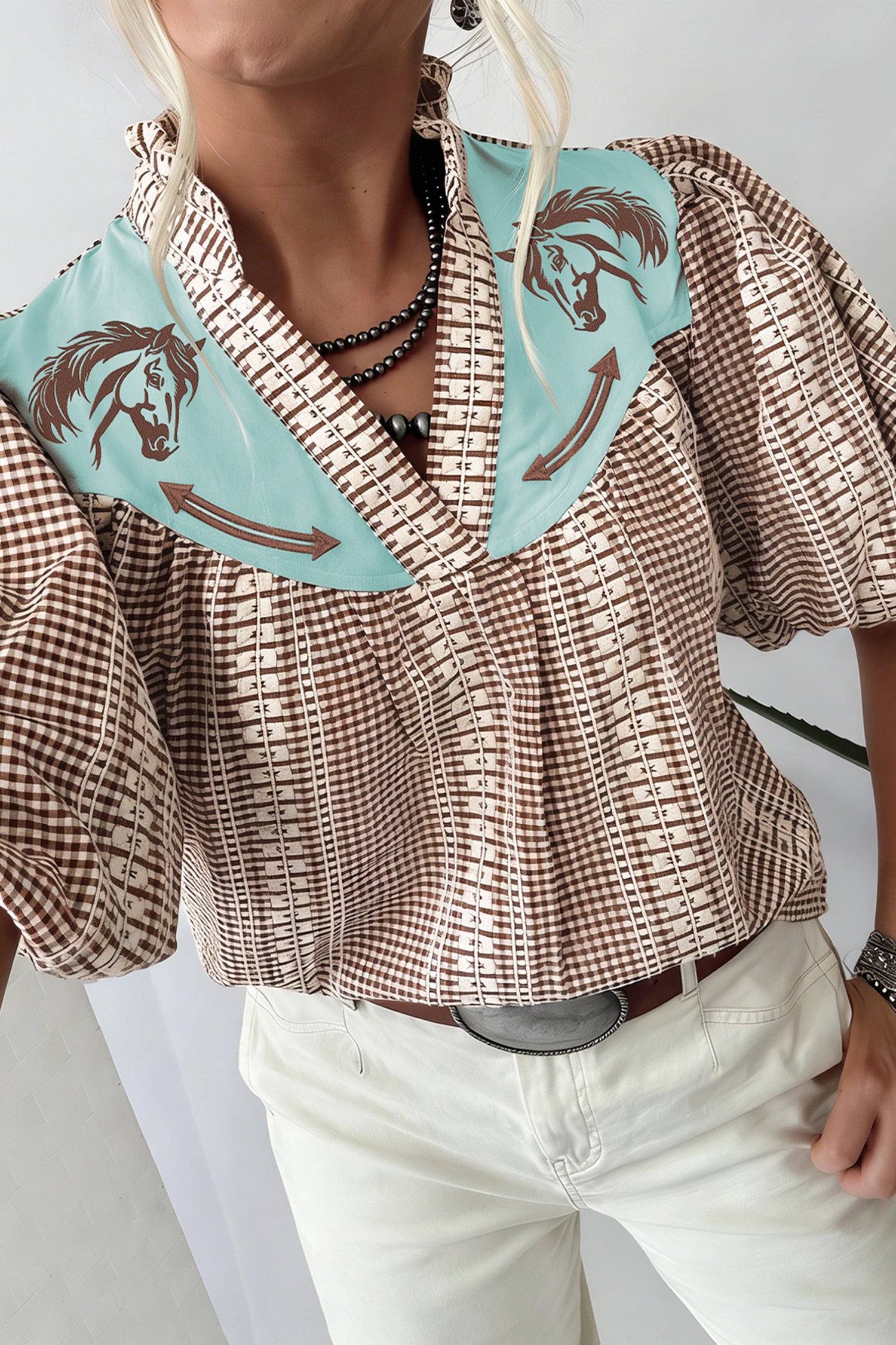 Western Pony Embroidered Yoke Puff Sleeve Gingham Blouse