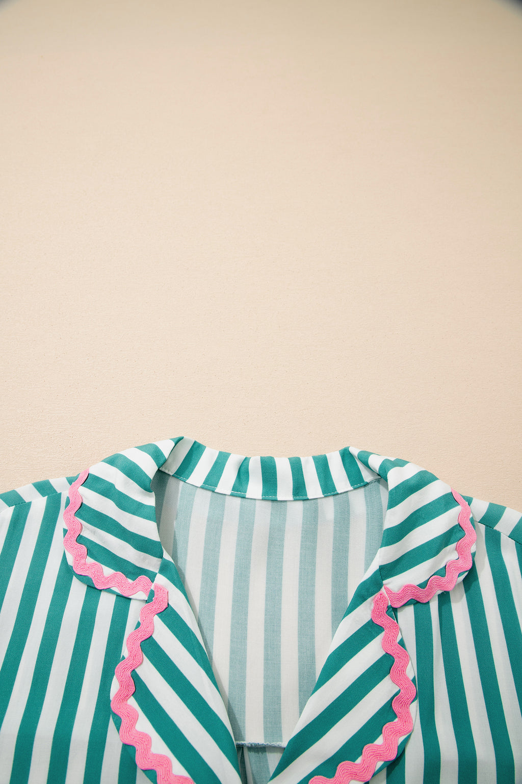 Green Stripe Contrast Ricrac Trim Long Sleeve Shirt Drawstring Ruffled Pyjama Short Set