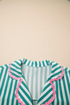 Green Stripe Contrast Ricrac Trim Long Sleeve Shirt Drawstring Ruffled Pyjama Short Set