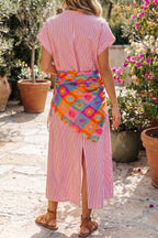 Striped Frilled Detail Half Buttons Short Sleeve Long Dress