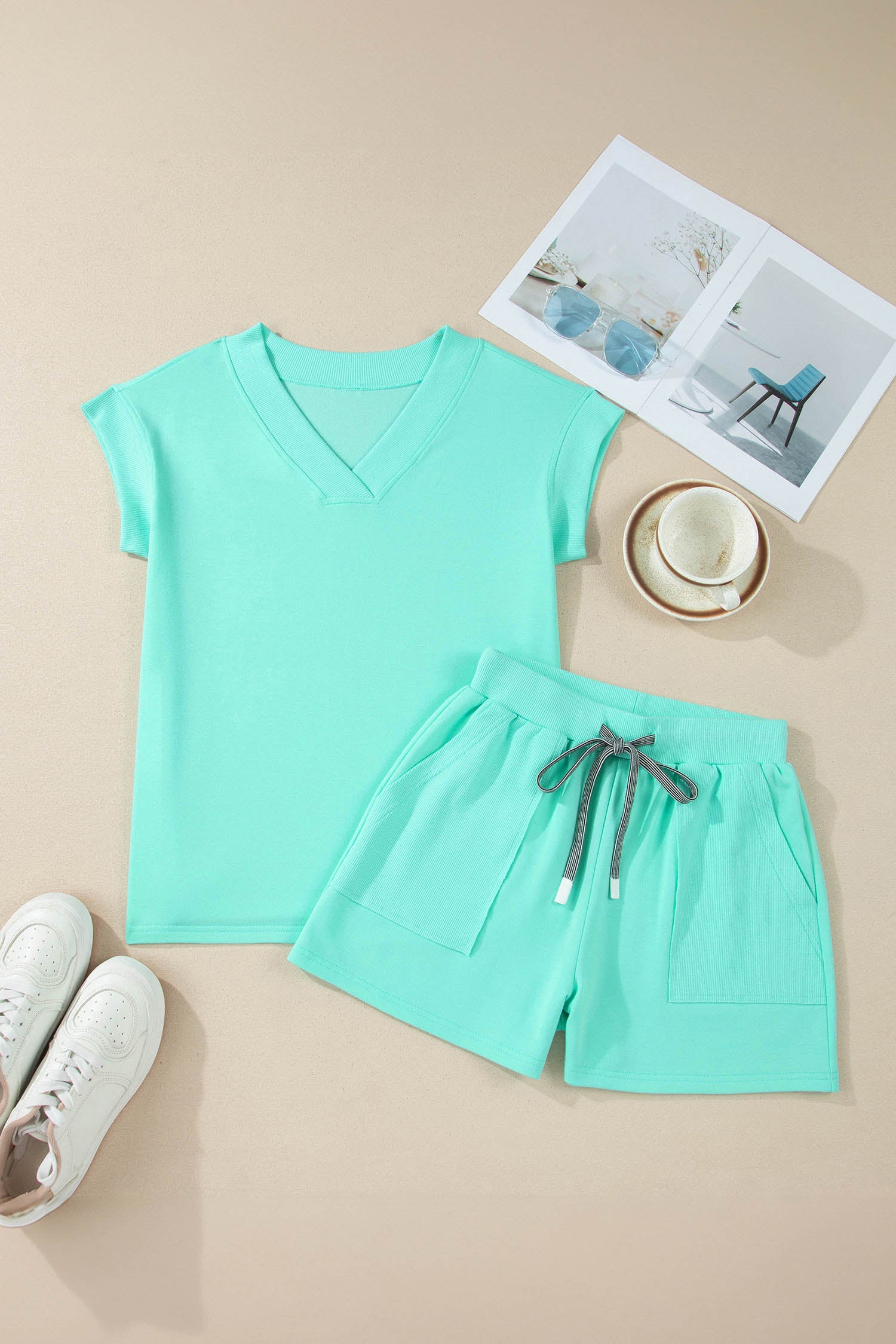 V Neck Short Sleeve Top Drawstring Shorts 2pcs Set