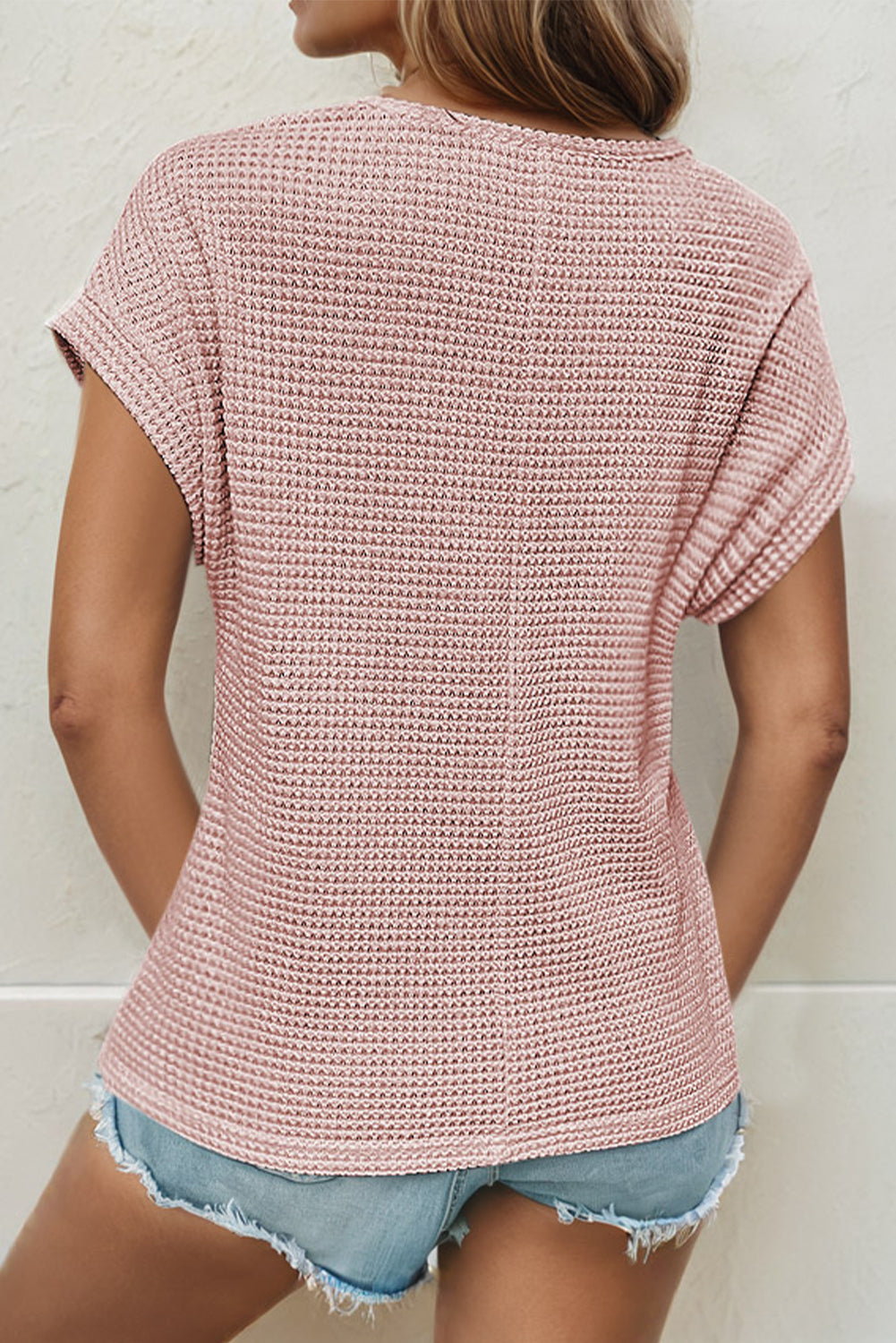 Lace Patchwork Waffle Short Sleeve Top