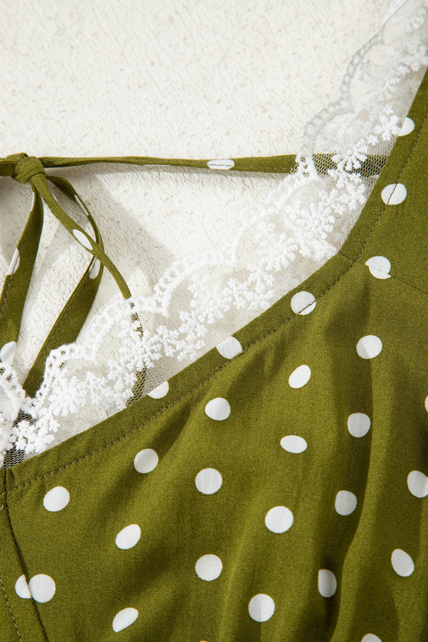 Green Polka Dot Print Lacy Neckline Smocked High Waist Maxi Dress
