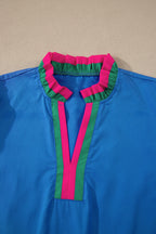 Striped Frilled Collar Ruffled Short Sleeve Blouse