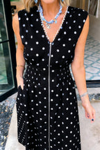 Polka Dot Print Contrast Trim V Neck Zip Up Sleeveless Dress