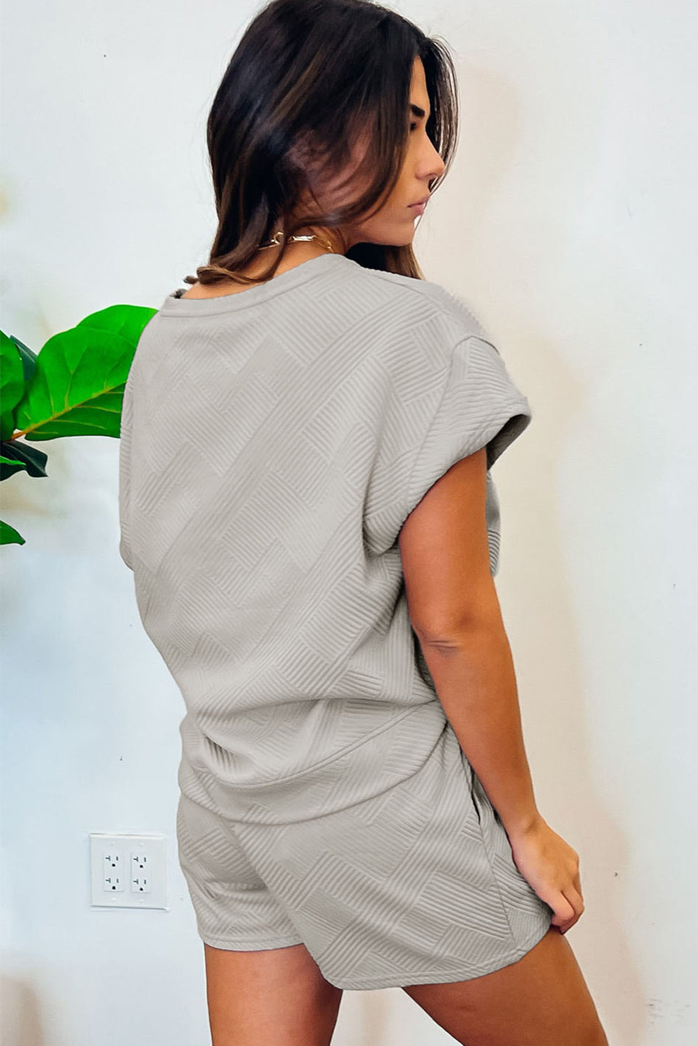 Grey Solid Color Textured Loose Top Casual Two Piece Short Set