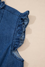 Sail Blue Ruffled Edge Collared Shift Denim Dress with Pockets