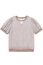 Orange Stripe Ribbed Trim Round Neck Short Puff Sleeve Plus T Shirt