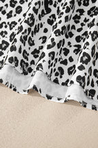 Gray Ruffled Trim V Neck Leopard Print Short Sleeve Blouse