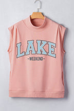 Pink Lake Weekend Graphic High Neck Short Sleeve Top