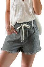 Black Stripe Raw Edge Drawstring Elastic Waist Casual Denim Shorts
