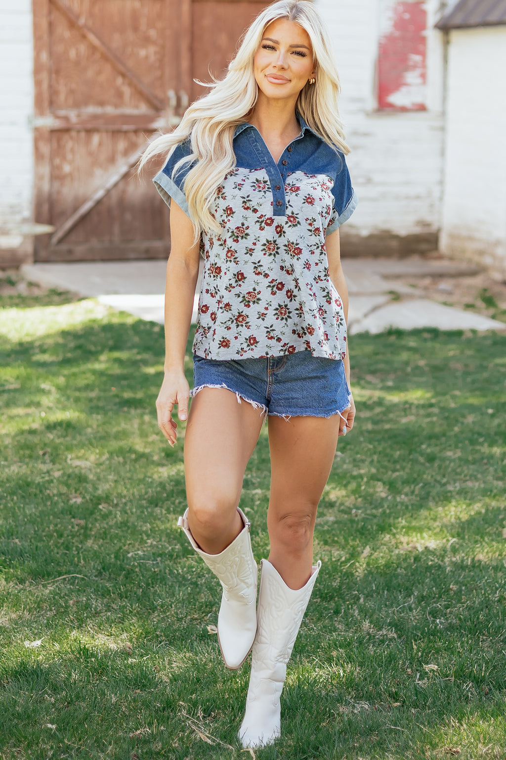 Grey Retro Floral Print Denim Patchwork Buttoned Polo Collar Top
