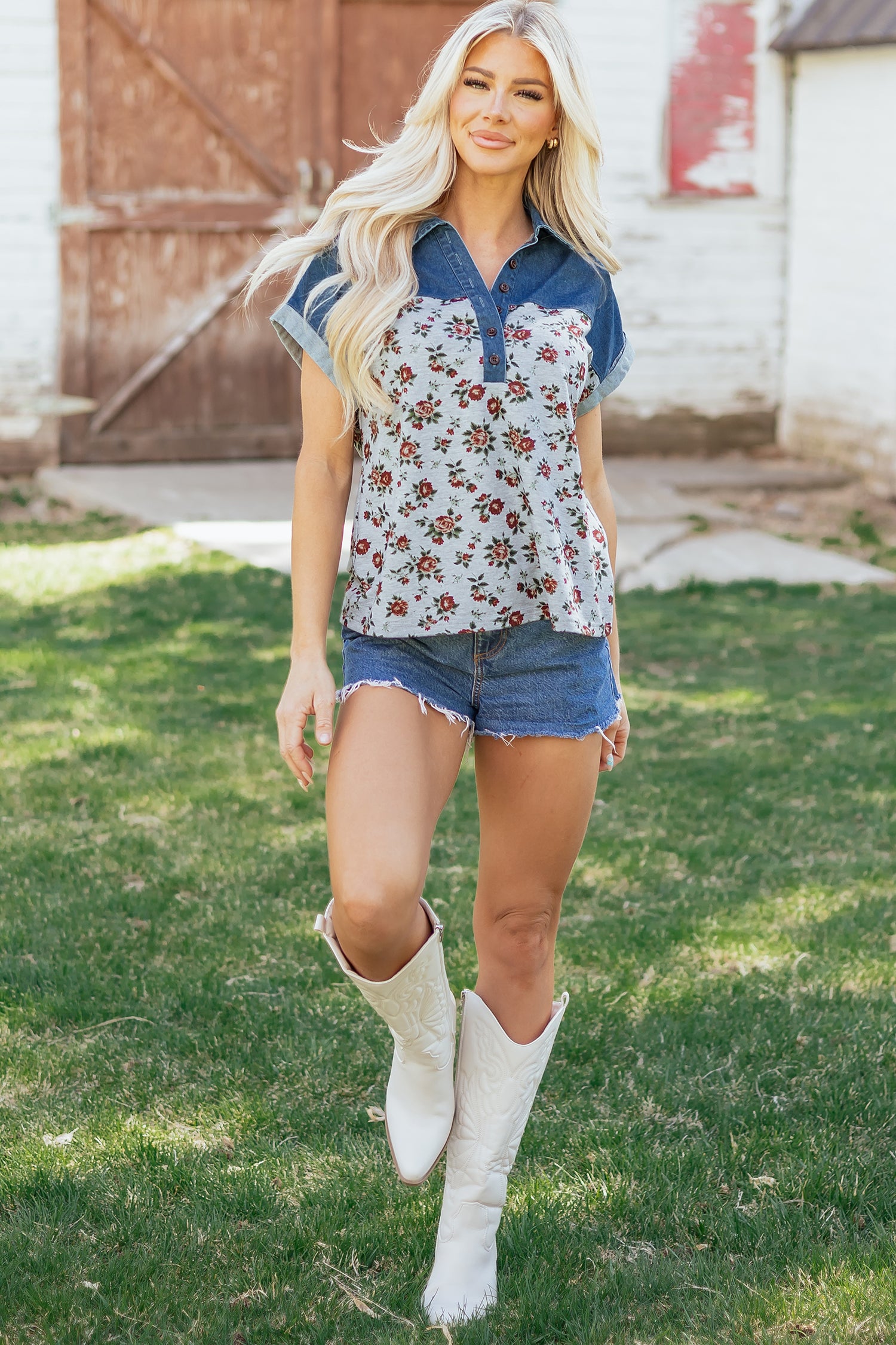 Grey Retro Floral Print Denim Patchwork Buttoned Polo Collar Top