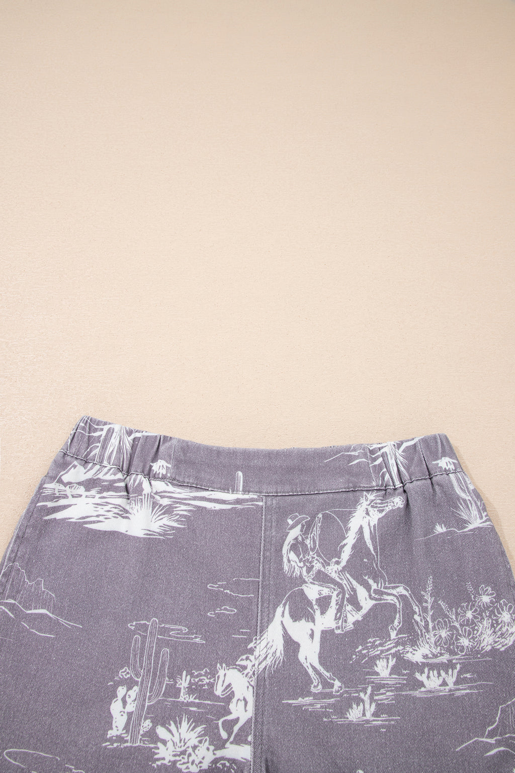 Grey Western Print Elastic Waist Cotton Denim Shorts