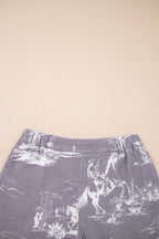 Grey Western Print Elastic Waist Cotton Denim Shorts