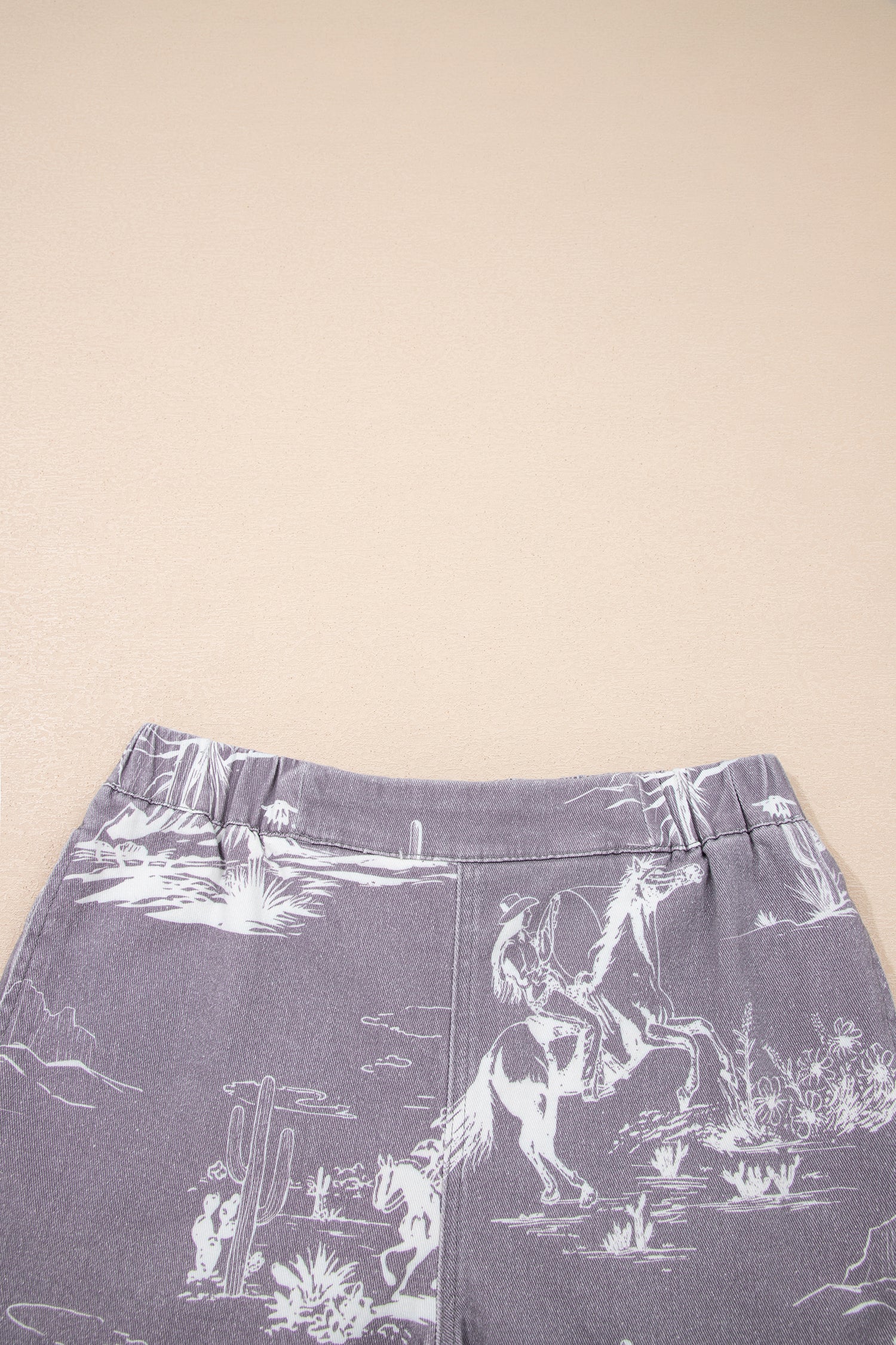 Grey Western Print Elastic Waist Cotton Denim Shorts