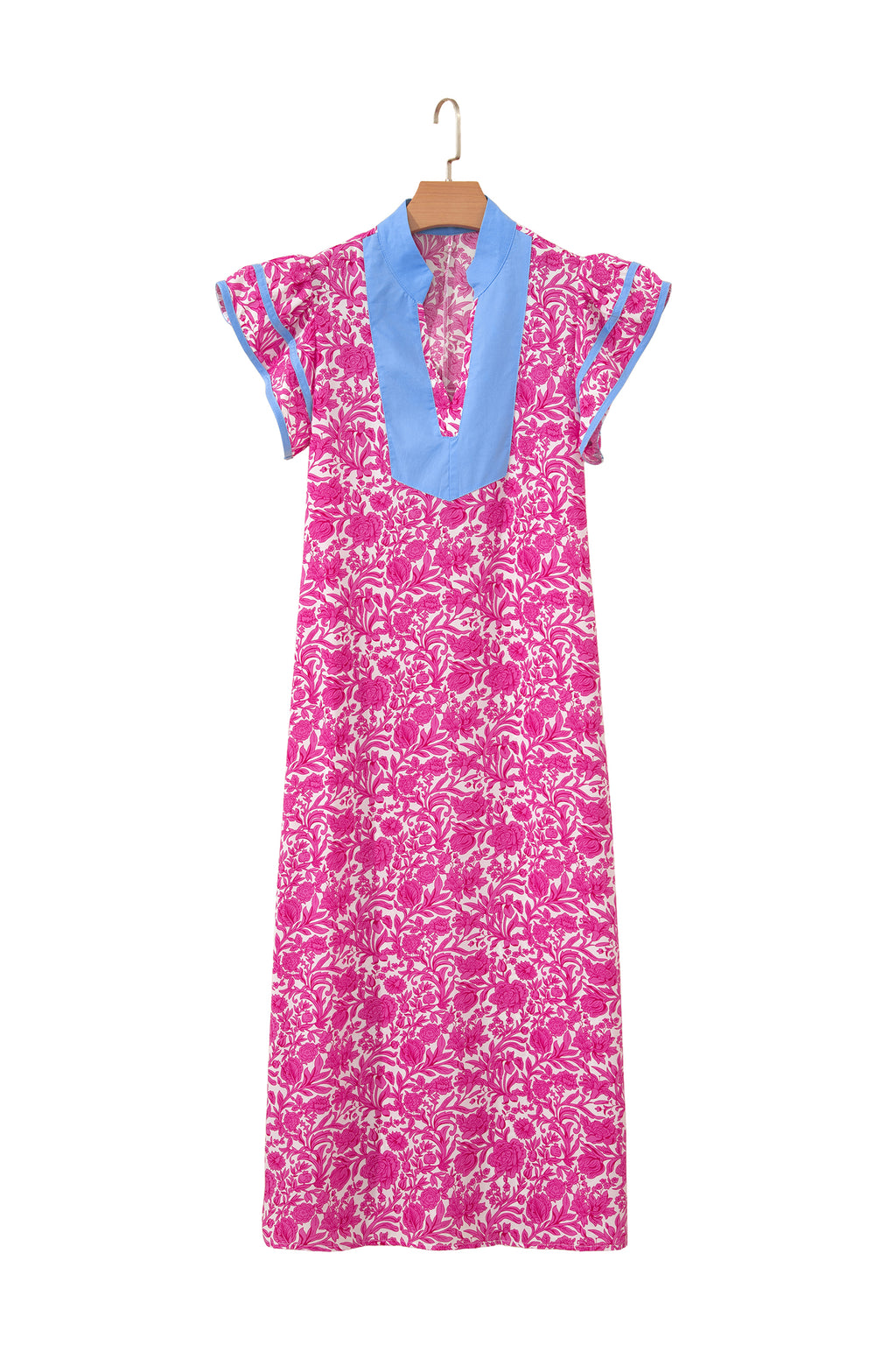 Floral Print Color Block Patchwork V Neck Short Sleeve Midi Dress