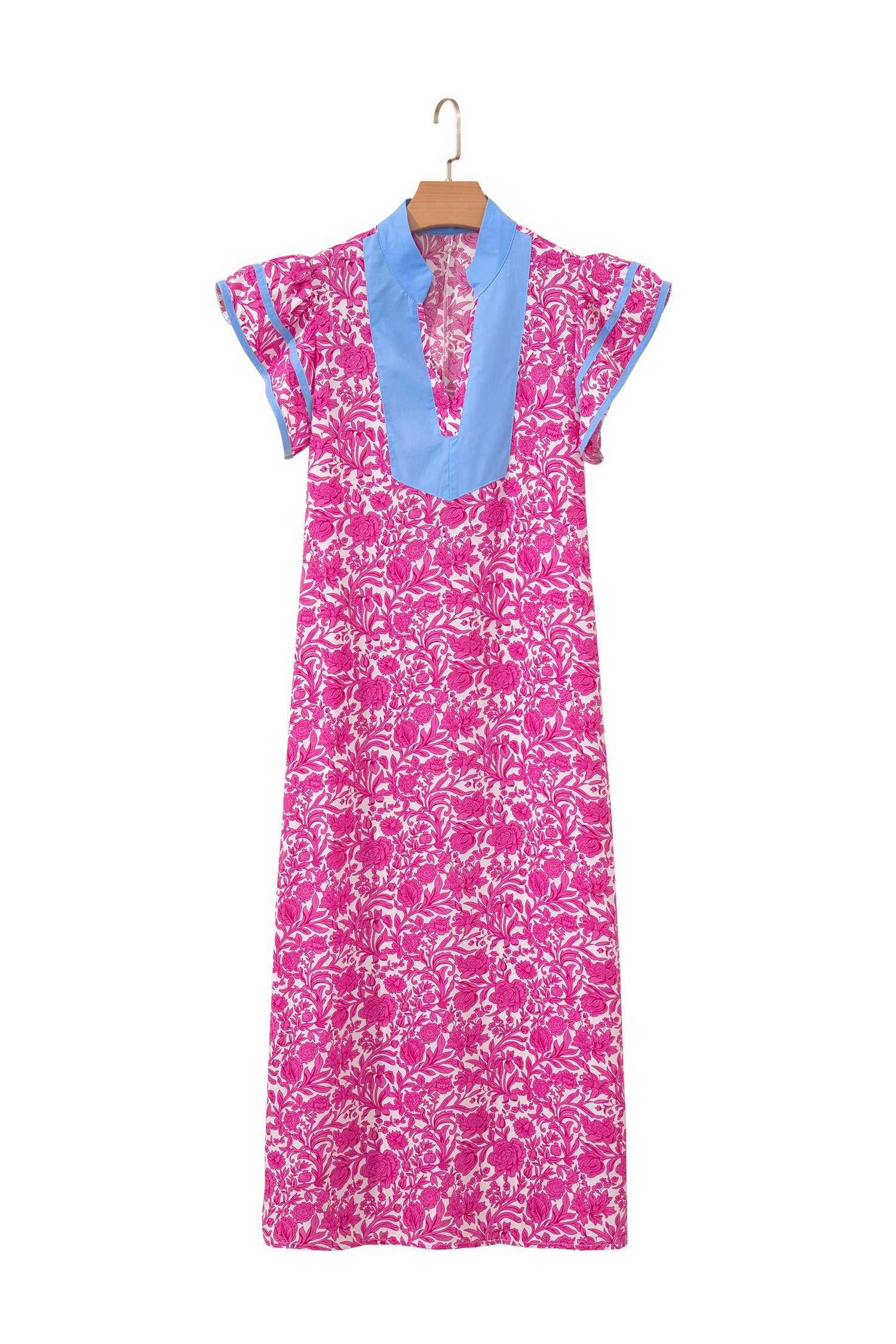 Floral Print Color Block Patchwork V Neck Short Sleeve Midi Dress