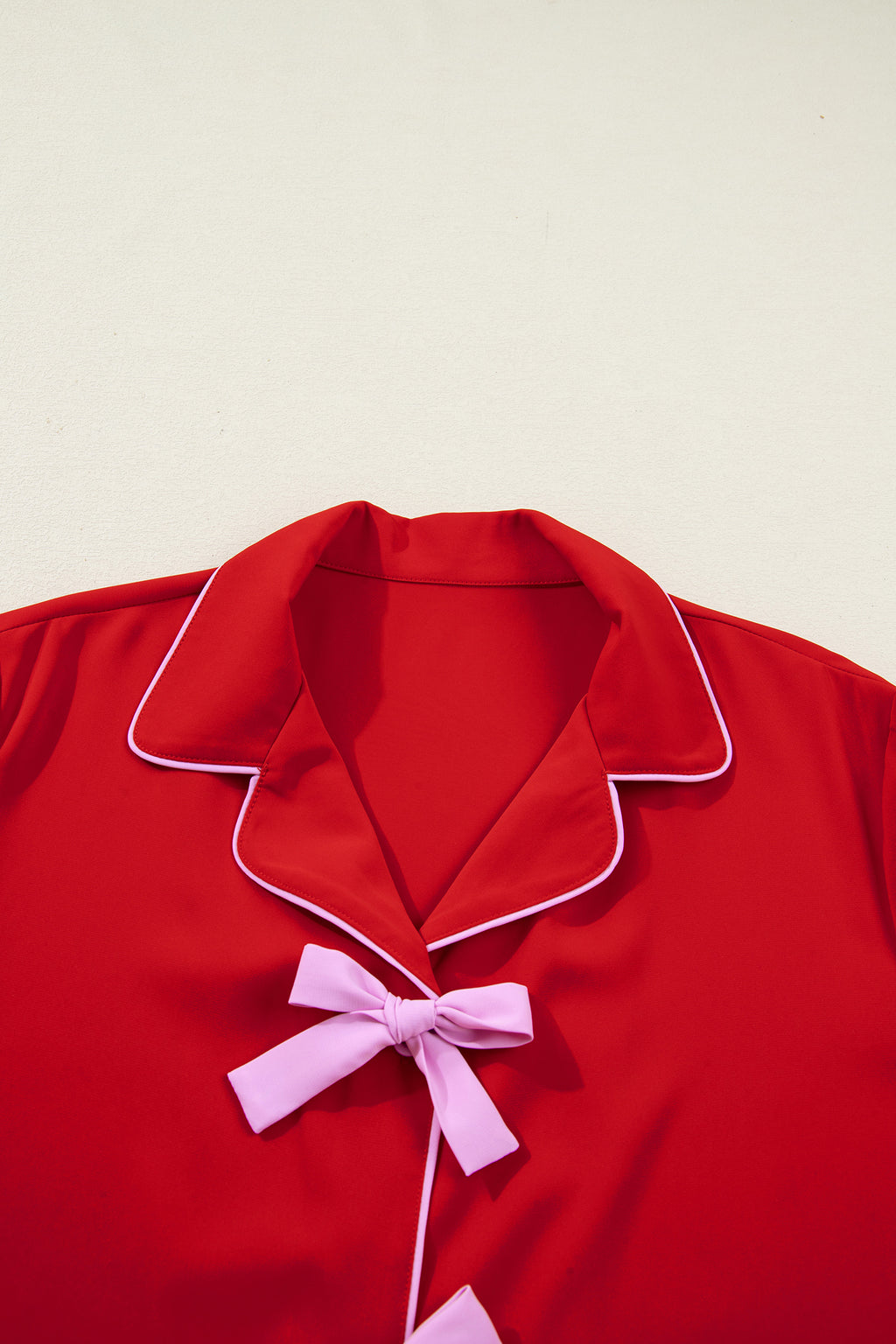 Fiery Red Contrast Trim Ribbon Bow Short Silky 2pcs Pyjama Set