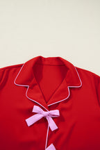 Fiery Red Contrast Trim Ribbon Bow Short Silky 2pcs Pyjama Set