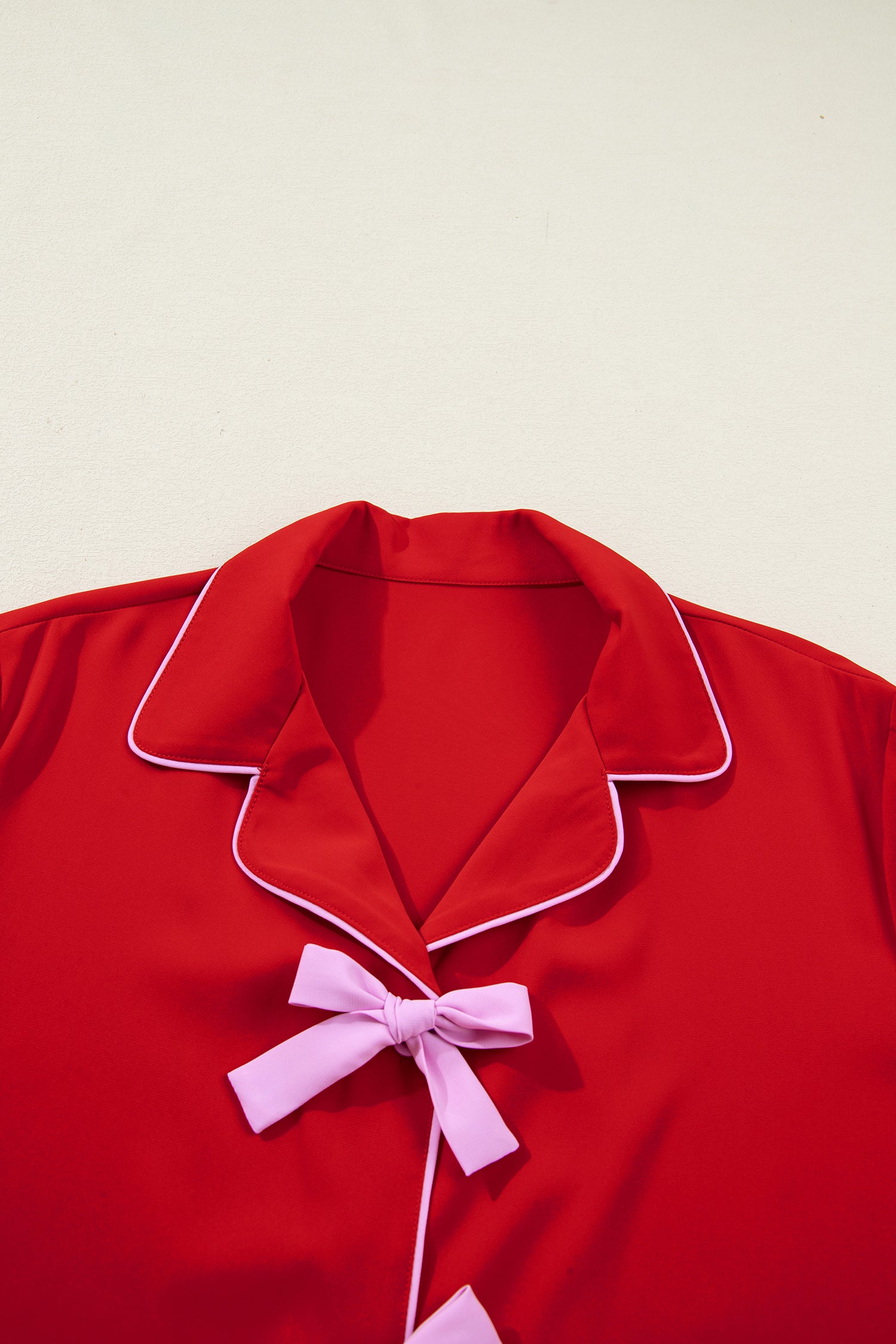 Fiery Red Contrast Trim Ribbon Bow Short Silky 2pcs Pyjama Set