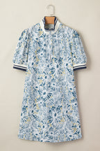 Blue Floral Print Striped Webbing Patchwork Collar Short Sleeve Mini Dress