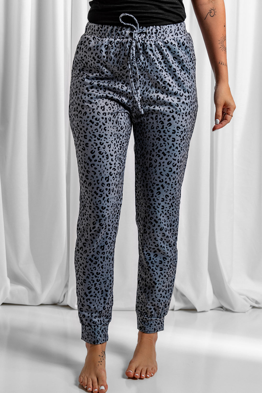 Grey Leopard Elastic Waist Casual Joggers