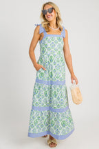 Pink Geometric Floral Print Striped Patchwork Detail Sleeveless Dress