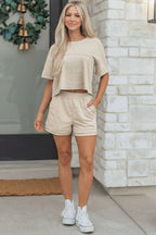 Solid Color Contrast Textured Patchwork Raw Edge 2pcs Short Set