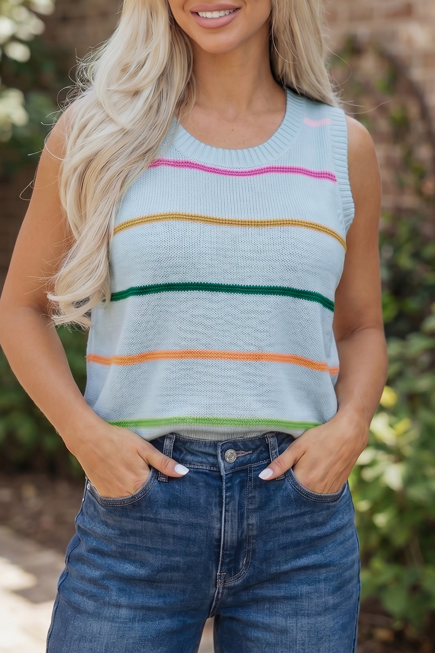 Striped Round Neck Knitted Sweater Tank
