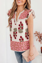 White Floral Print Contrast Striped Trim Flutter Cotton Blouse