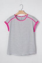 Rose Stripe Contrast Trim Round Neck Summer T Shirt