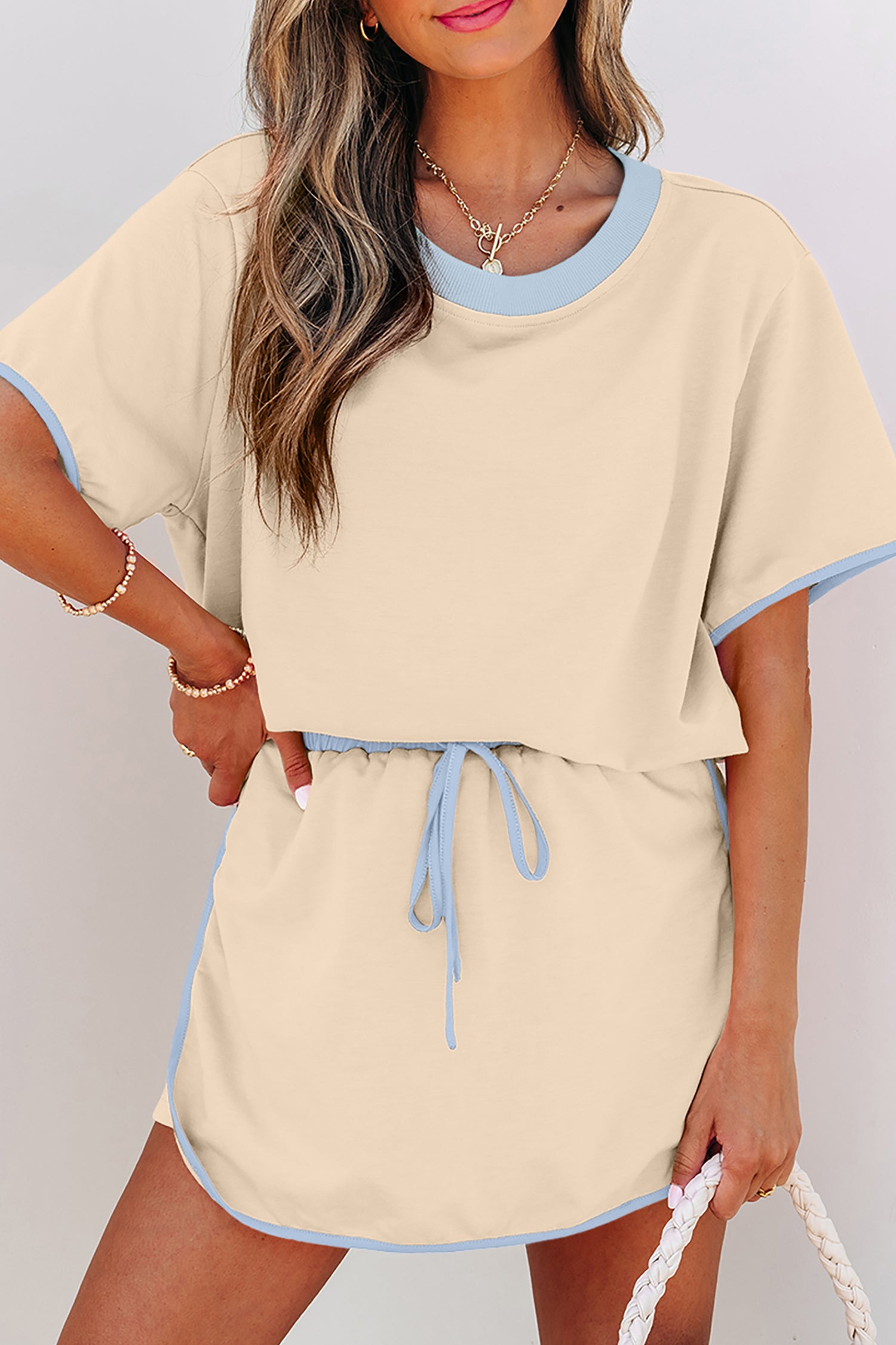 Color Block Edge Drop Shoulder T Shirt and Skort 2Pcs Set