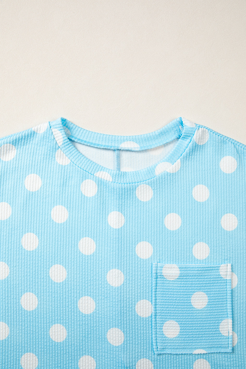 Polka Dot Round Neck Drop Shoulder Patch Pocket Jacquard Texture Top