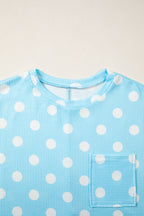 Polka Dot Round Neck Drop Shoulder Patch Pocket Jacquard Texture Top