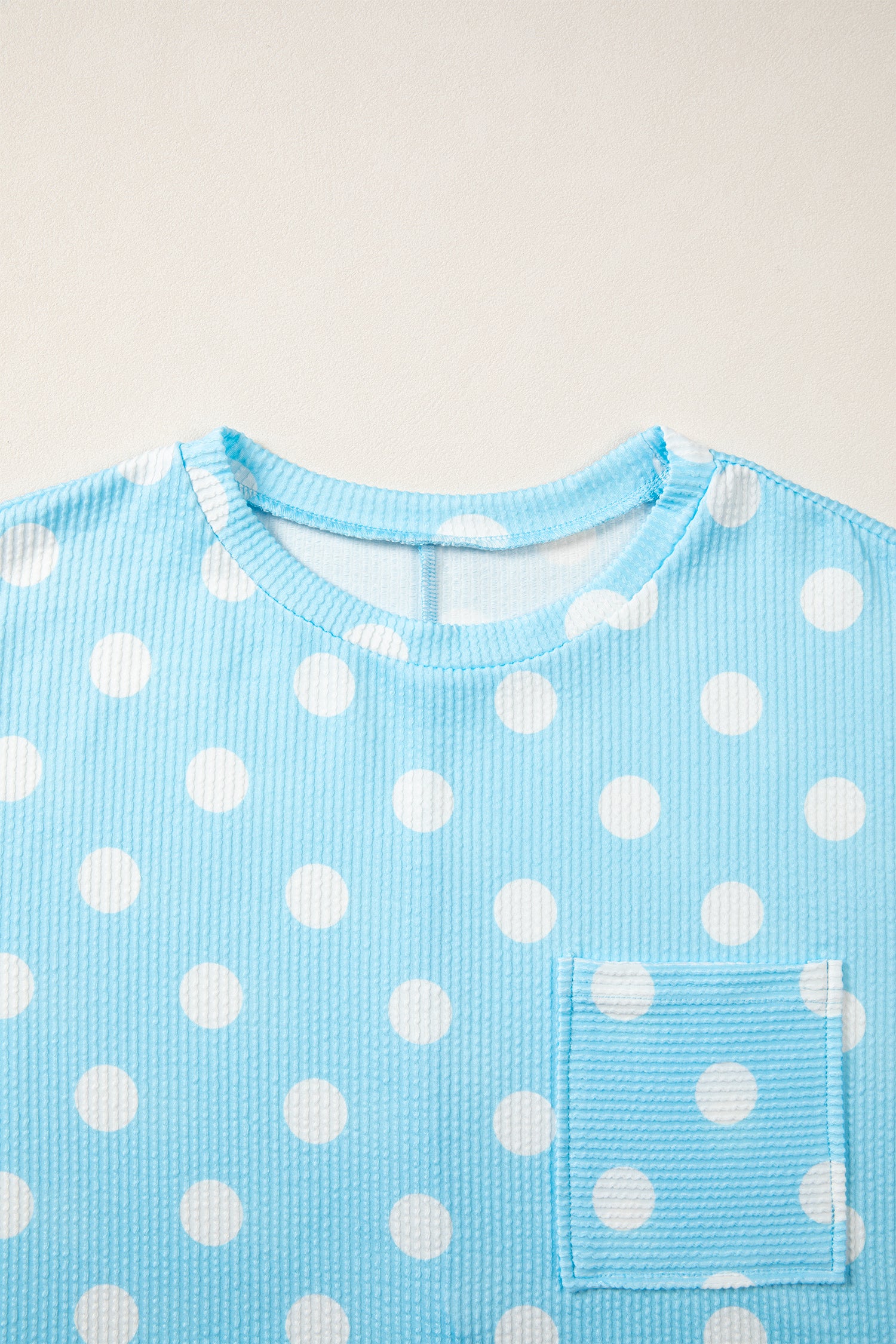 Polka Dot Round Neck Drop Shoulder Patch Pocket Jacquard Texture Top