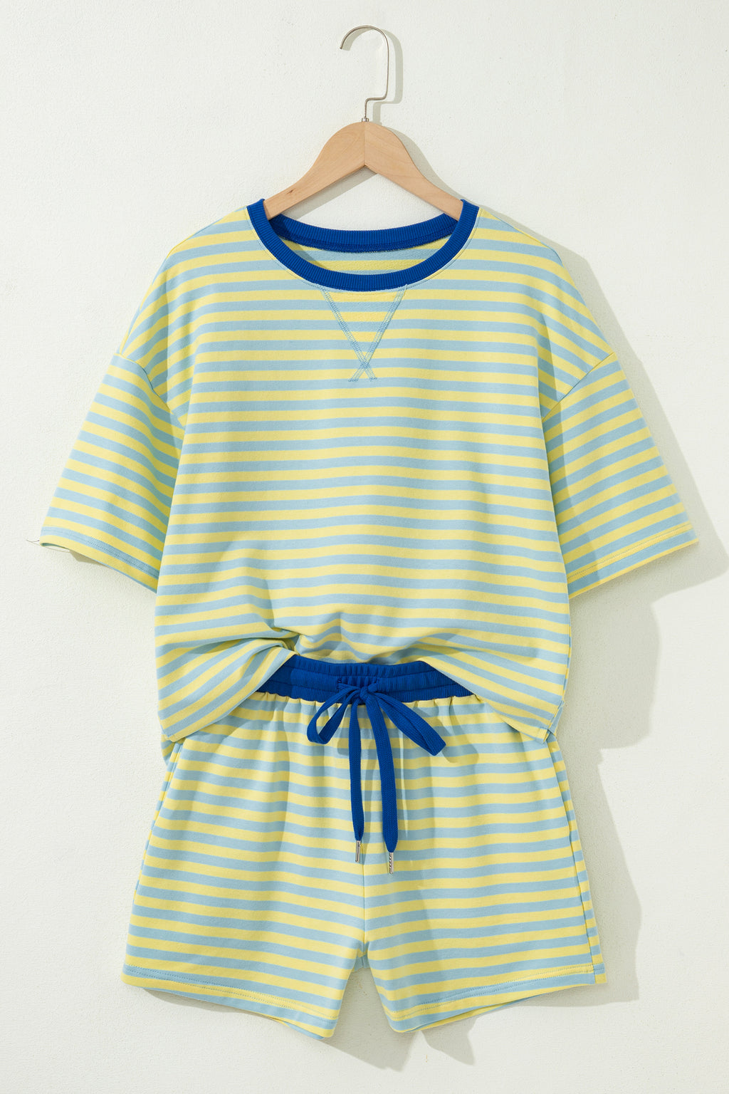 Striped Drop Shoulder Boxy Casual Terry Short Set