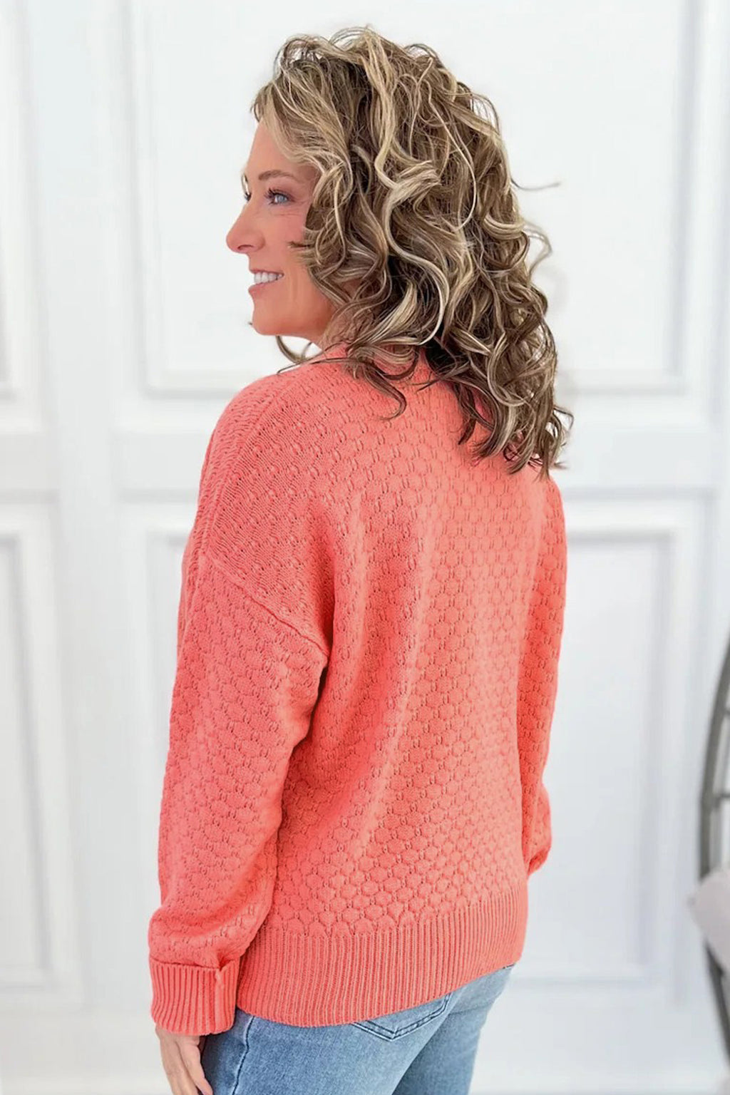Coral Paradise Breathable Patterned Knit Drop Shoulder Pullover Sweater