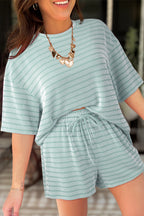 Striped Raised Rib Loose Tee Drawstring Elastic Waist 2pcs Short Set