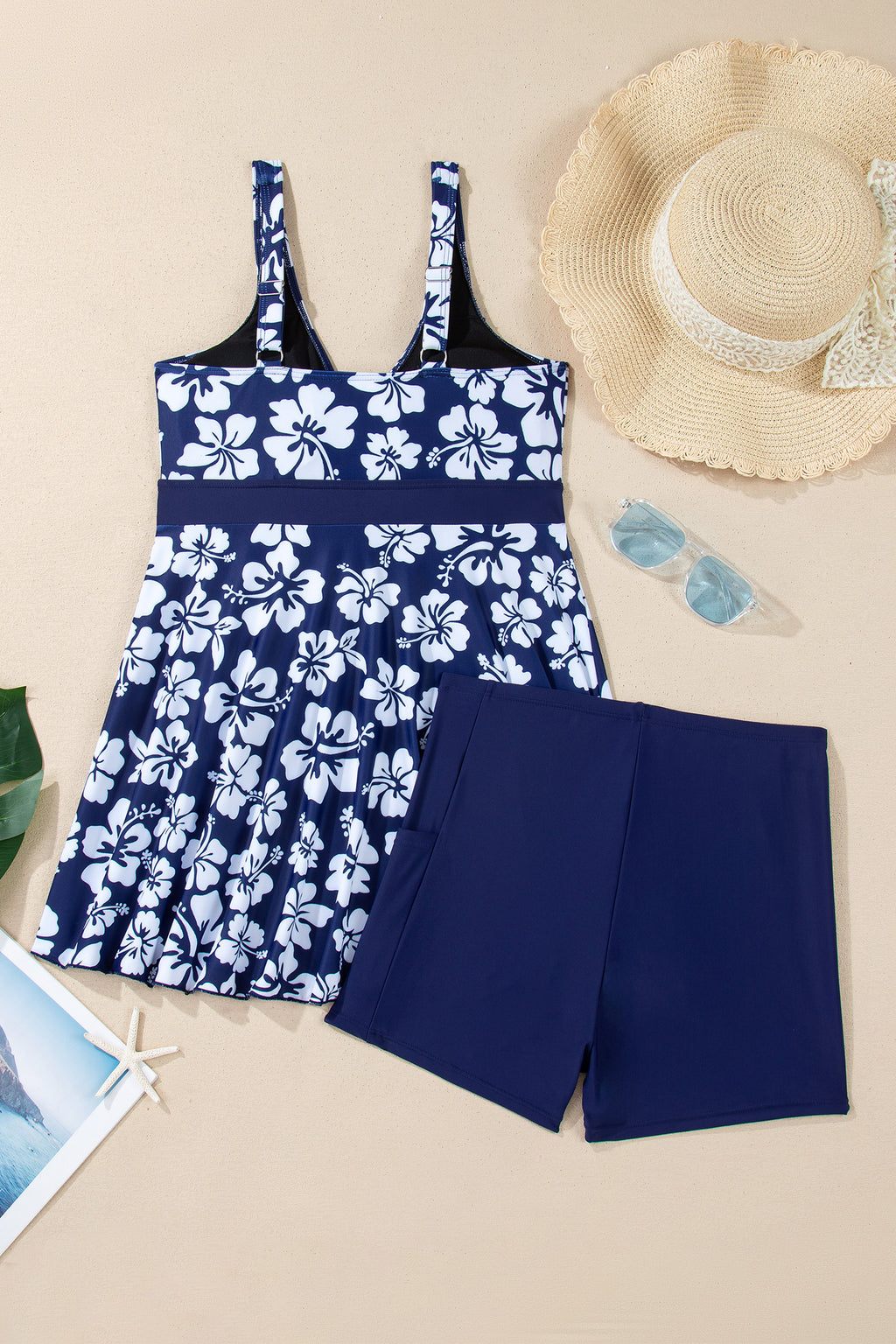 Blue Floral Print Patchwork Bow Knot Detail Sleeveless Swim Dress