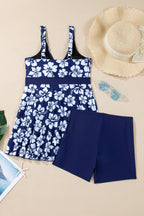 Blue Floral Print Patchwork Bow Knot Detail Sleeveless Swim Dress